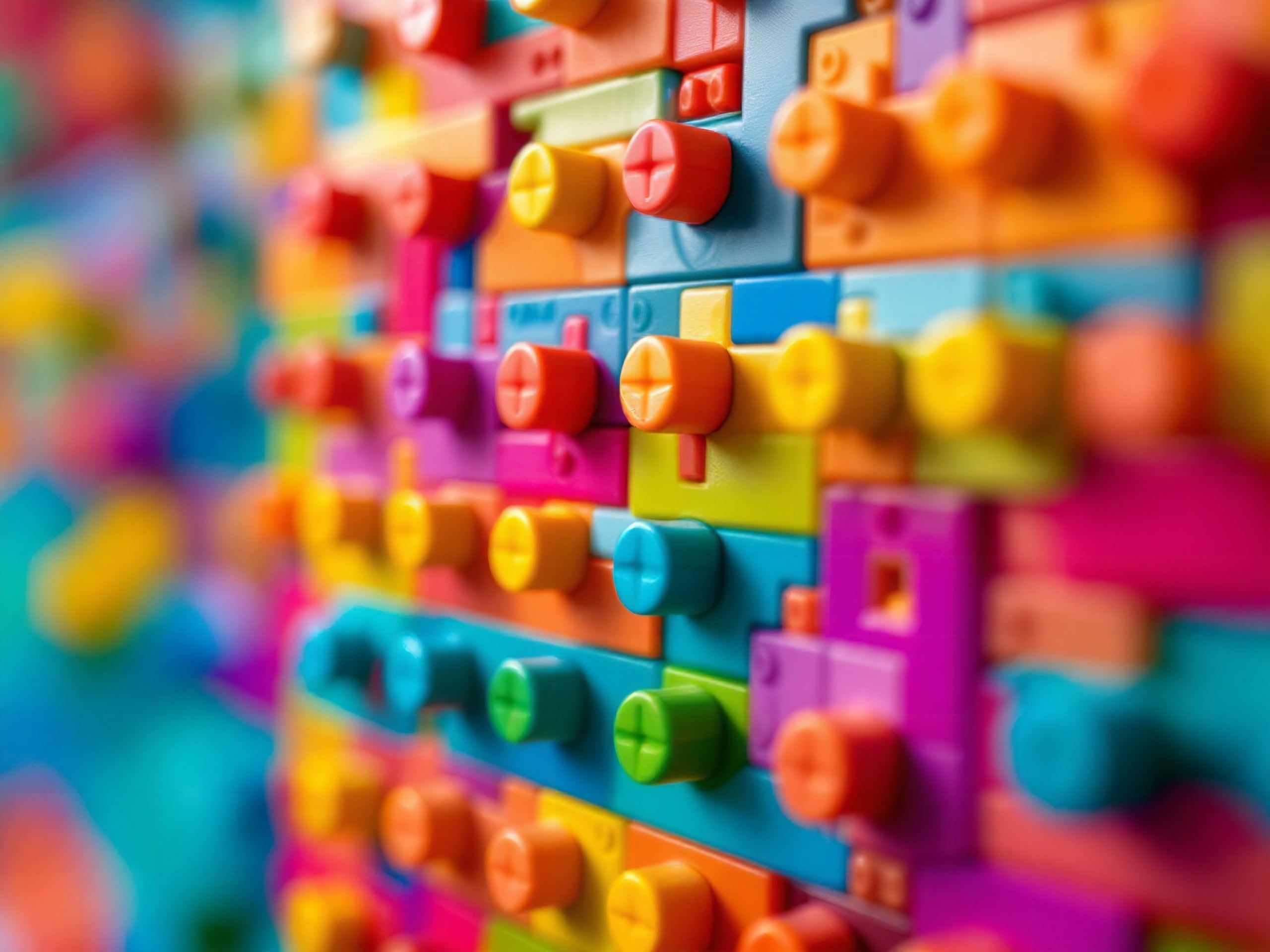 Macro close-up of Buzzed Blocks interlocking studs and bright plastic surface with shallow depth of field