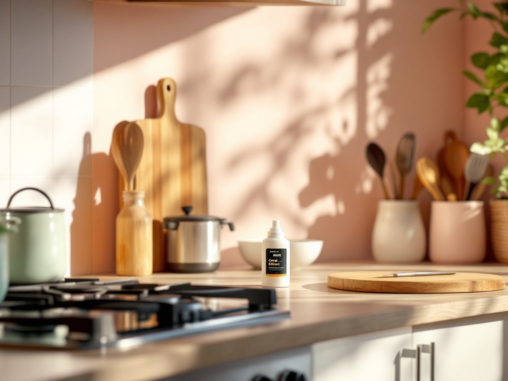 Grease container positioned on a kitchen counter near a stove and cooking tools