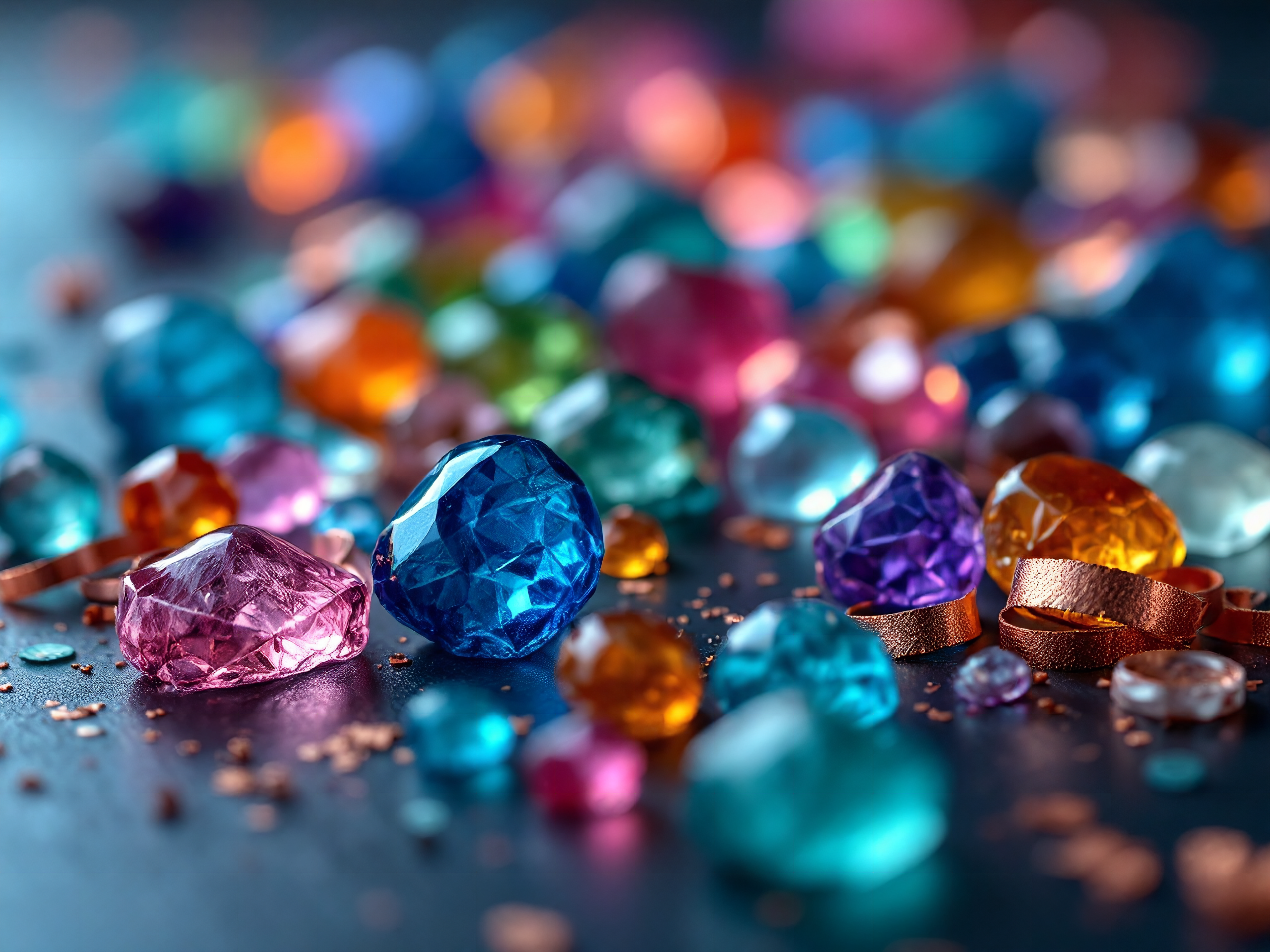 Stained glass colored pieces and copper foil tape in macro close-up detail